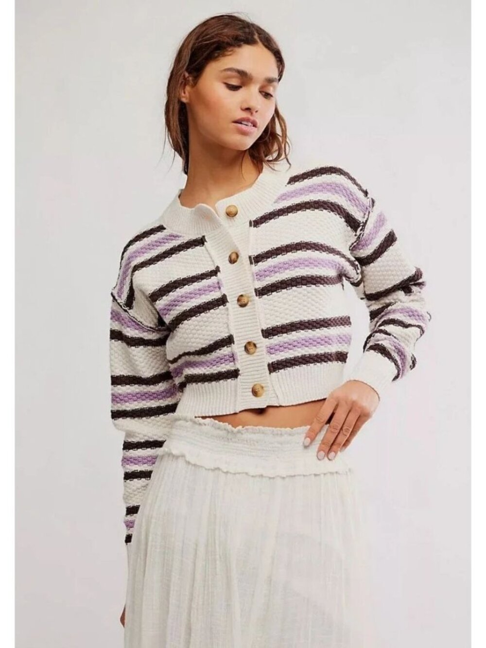 Free People Lila Striped Cardigan Cropped Button Front White Purple brown Medium